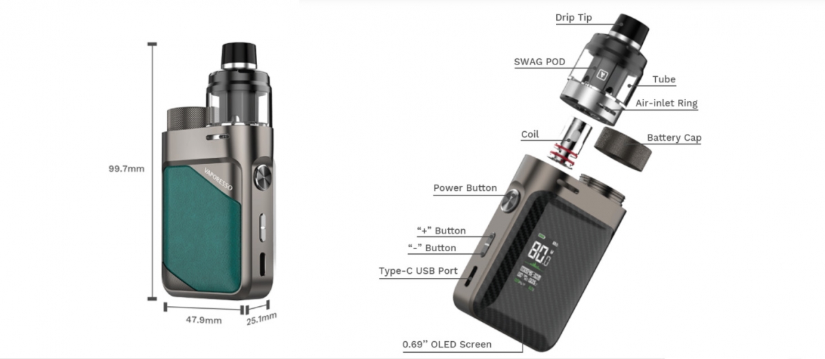 Vaporesso Swag PX80 size and parts
